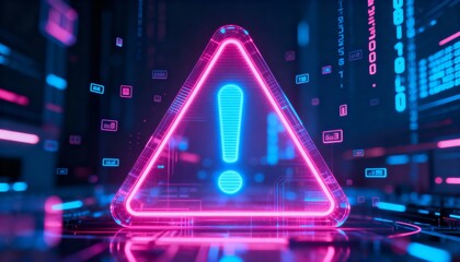 A virus alert warning displayed on a digital screen with red danger symbols and glitch effects, in a futuristic environment	