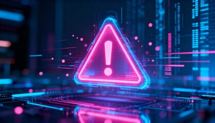 A virus alert warning displayed on a digital screen with red danger symbols and glitch effects, in a futuristic environment	