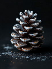 Macro close-up of a rustic brown pine cone lightly dusted with white snow or frost, isolated on a dark black background