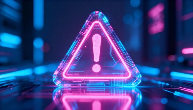 A virus alert warning displayed on a digital screen with red danger symbols and glitch effects, in a futuristic environment	 - Powered by Adobe