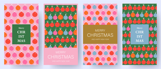 Christmas card set. Modern Christmas design with Christmas balls and lettering . Trendy illustration for season label, poster, flyer, cover.