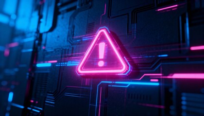 A virus alert warning displayed on a digital screen with red danger symbols and glitch effects, in a futuristic environment	