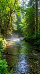 Tranquil Forest Stream Illuminated by Golden Sunlight Through Canopy