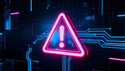 A virus alert warning displayed on a digital screen with red danger symbols and glitch effects, in a futuristic environment	