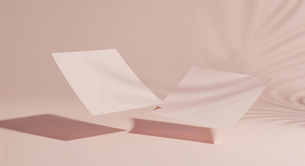 Abstract minimalist product display with two blank pink flying papers and subtle palm leaf shadow on a pink background