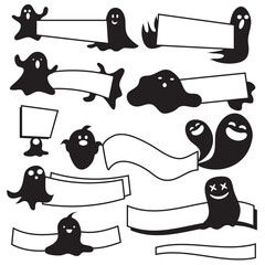 Cute little black ghost with banner sign