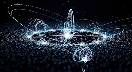 Dynamic abstract network of glowing particles and swirling light trails creating a sense of complex data flow and connectivity in digital space