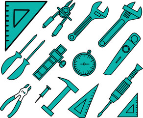 Vector set of construction and repair tools icons hammer, wrench, screwdriver, saw, drill, pliers, spanner, and screw equipment symbols.