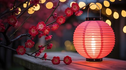 Fototapeta premium Red Paper Lantern and Blooming Cherry Blossoms with Bokeh Lights Japanese Chinese