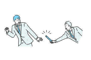 バトンパスースーツを着てバトンを次世代の若者に手渡す男性　横向きー企業ー工業、倉庫、運送系ービジネスイラスト素材