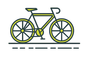 Fototapeta premium Modern stylized bicycle icon featuring dark frame and bright yellow wheels riding on a dashed road line