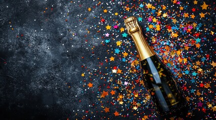 Festive champagne bottle, confetti, celebration, dark background, holiday party
