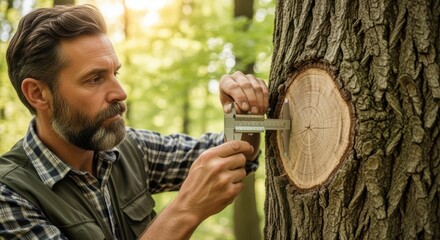 Medium shot of an expert measuring tree trunk diameter with calipers analyzing growth rings to evaluate tree lifespan and overall health condition.