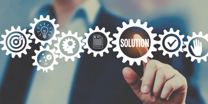 Unveiling Solutions: A person's finger intentionally points at a gear labeled Solution, a pivotal moment where various aspects of business ideas converge.