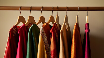 Colorful garments hang neatly on a wooden rack, creating an appealing visual display of luxurious fabrics in vibrant hues and rich textures.