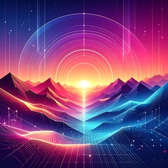 Futuristic mountain vista with vibrant neon colors