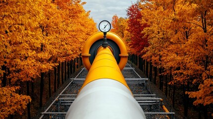 Autumnal Industrial Pipe Through Colorful Trees