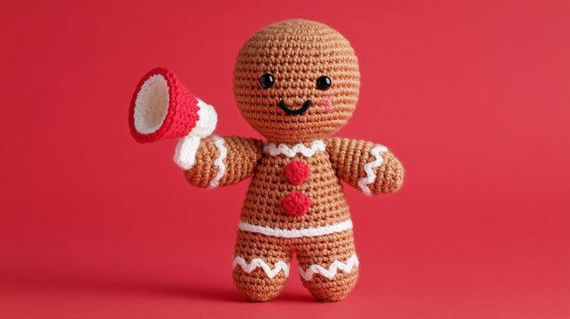 Crochet gingerbread man with megaphone on red background festive Christmas promotion concept