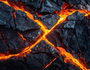 Molten lava glows between cracked, dark rocks