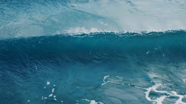 A close-up shot of a vibrant, blue ocean wave curling, with white foam forming at the crest