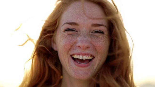 young caucasian woman with delicate freckles and auburn hair, laughing ecstatically as wind sweeps her hair, bathed in golden hour light with bokeh. natural beauty and unbridled joy
