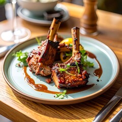 Grilled lamb chops, glistening with a brown sauce, served on a light teal plate, garnished with fresh herbs and lemon