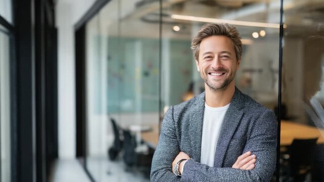 Confident Executive in Modern Office: A distinguished business leader, exuding poise and confidence, poses in a contemporary office environment with natural light.