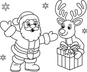 Smiling Santa Claus and happy reindeer celebrating Christmas together with a big gift box, fun festive winter coloring illustration