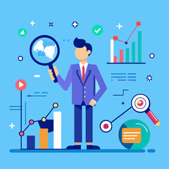 Vector art of business analysis illustration with man holding magnifying glass and data charts