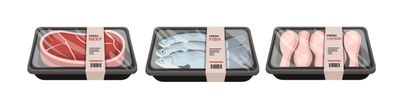 Frozen food. Fresh Meat, Fish, and Chicken Packaging Illustration. Fresh Food Tray Collection Illustration. Beef, Fish, and Chicken Packaged Set.