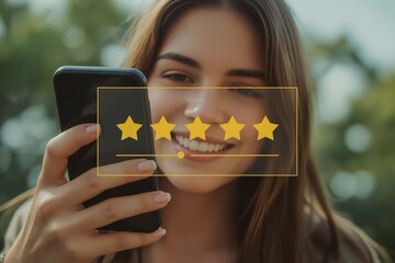 Smiling young woman uses her mobile phone for communication in the green nature of a park during summer