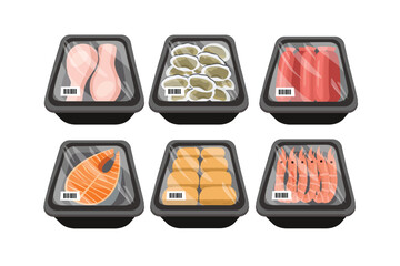 Supermarket Food Tray Collection. Various Packaged Protein Products. Assorted Packaged Food Illustration. Raw Food Packaging Set. Frozen snack.
