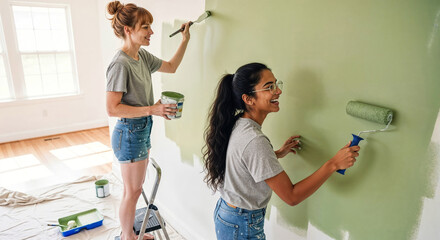 Joyful young adult lesbian couple, south asian woman and caucasian woman painting a wall together in their new house