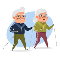 Happy elderly couple doing Nordic walking with trekking poles. Senior characters in sportswear staying active and healthy. Vector illustration