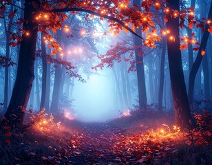 Fototapeta premium Enchanted Forest with Glowing Leaves and Mysterious Lights in Misty Fantasy Halloween Night