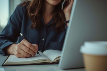 Young woman business person doctor smiling while working on a laptop at a desk