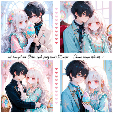 寄り添うカップル。アルビノの少女と碧眼の青年のイースター。日本の漫画風のAIイラスト4枚セット