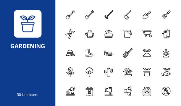 Farming and gardening line icon set