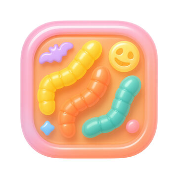 Colorful gummy worms candy with Halloween shapes on pink and orange background, bright and playful sweet treat for celebration. Transparent background