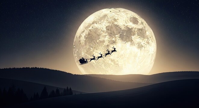 Santa Claus flying sleigh across a giant moonlit night sky