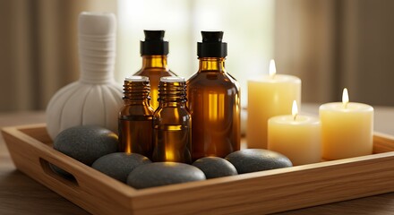 Relaxation Aromatherapy Set with Candles and Essential Oils in Wooden Tray