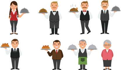 Cartoon waiter and chef vector set with diverse characters, food trays, formal attire, restaurant service, steam dishes, and presentation