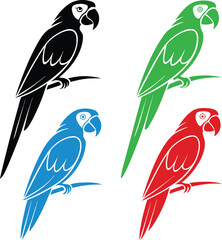 Four colorful stylized parrots in silhouette perched on branches black blue green and red tropical birds