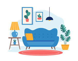 Living room interior in flat style. Modern interior of the living with furniture. Vector stock