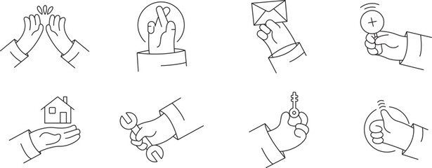 set of hand interacting with a house , key love envelope vector illustration 