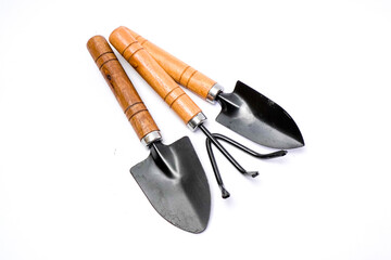 Mini Garden Tools with Wooden Handle on White Background