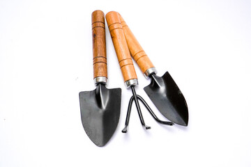 Mini Garden Tools with Wooden Handle on White Background