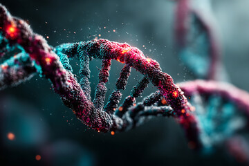 Close-up of a glowing DNA double helix with textured strands and luminous particles, a scientific concept image highlighting genetic structure, molecular detail and dramatic lighting.