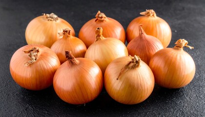 Close-up of several golden-brown onions clustered together on a dark surface