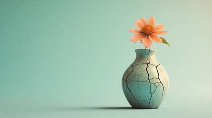 Cracked Vase with Blooming Flower Symbolizing Resilience and Beauty